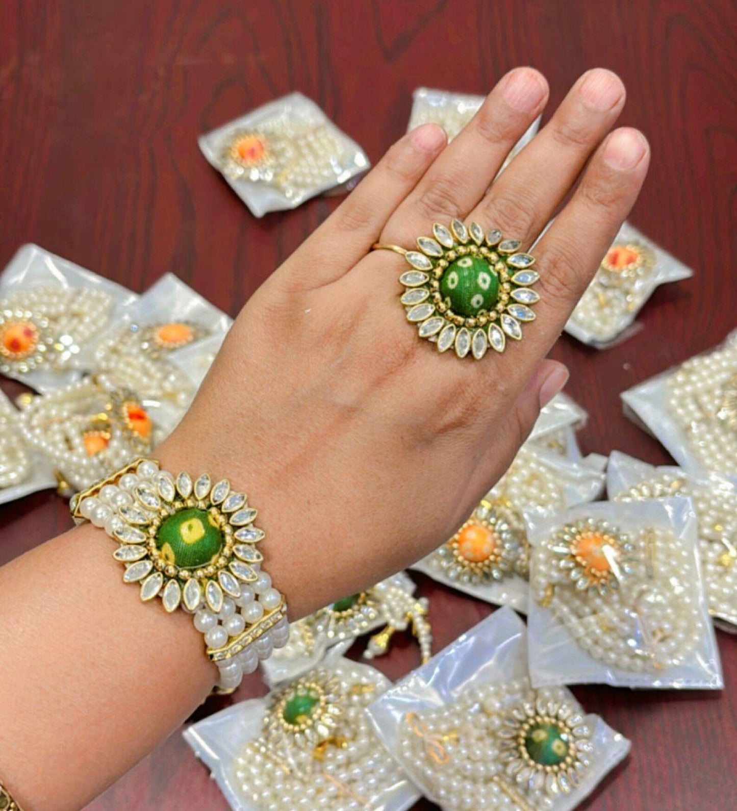 Bandhani Adjustable Bracelets & Ring Combo For Mehendi Sangeet Return Gifts