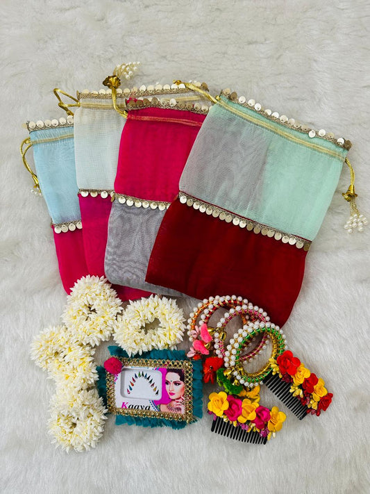 Potli Bag, Scented Gajra Scrunchie, Bangle, Hair Accessory Combo Gifts 