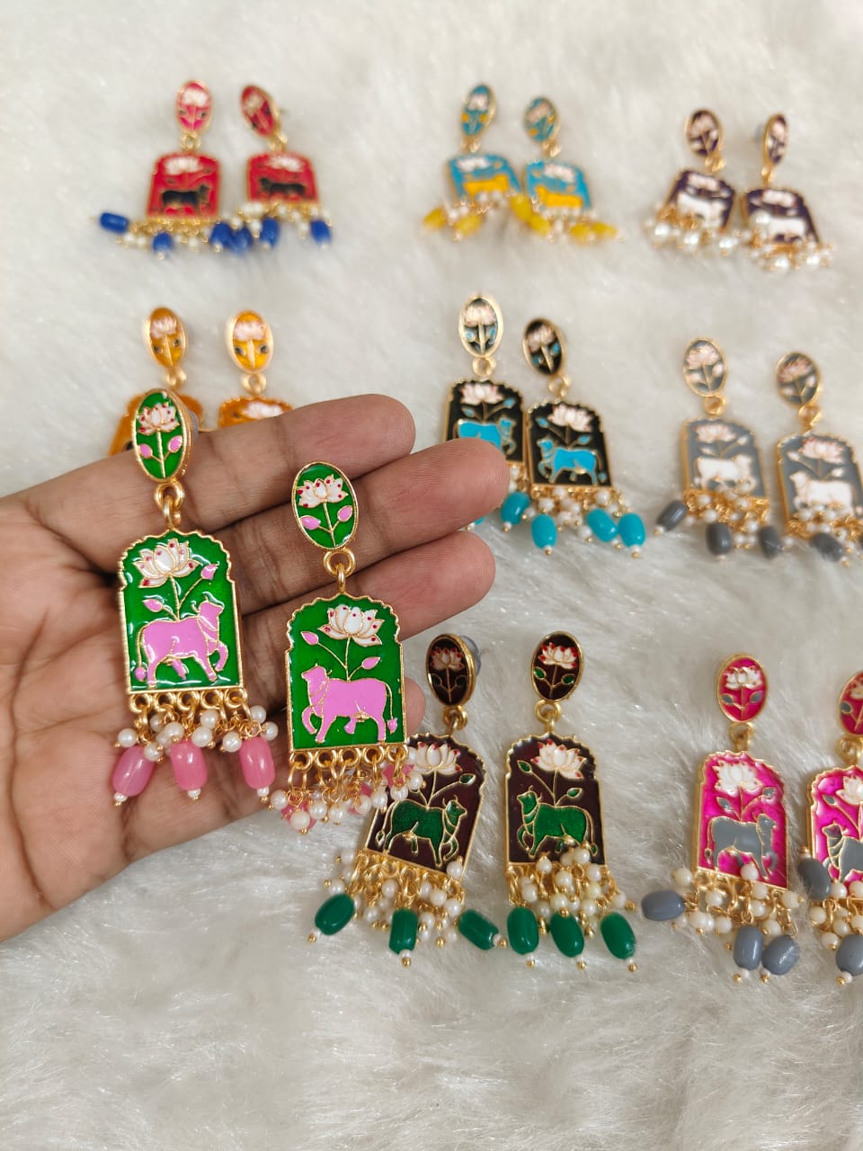Meenakari Pichwai Earrings For Mehndi Favours, Bridesmaid Hamper Gifts