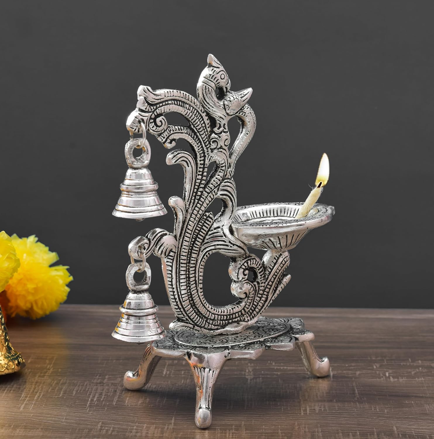 Peacock Silver Metal Diya For Puja Gifts, Return Favors