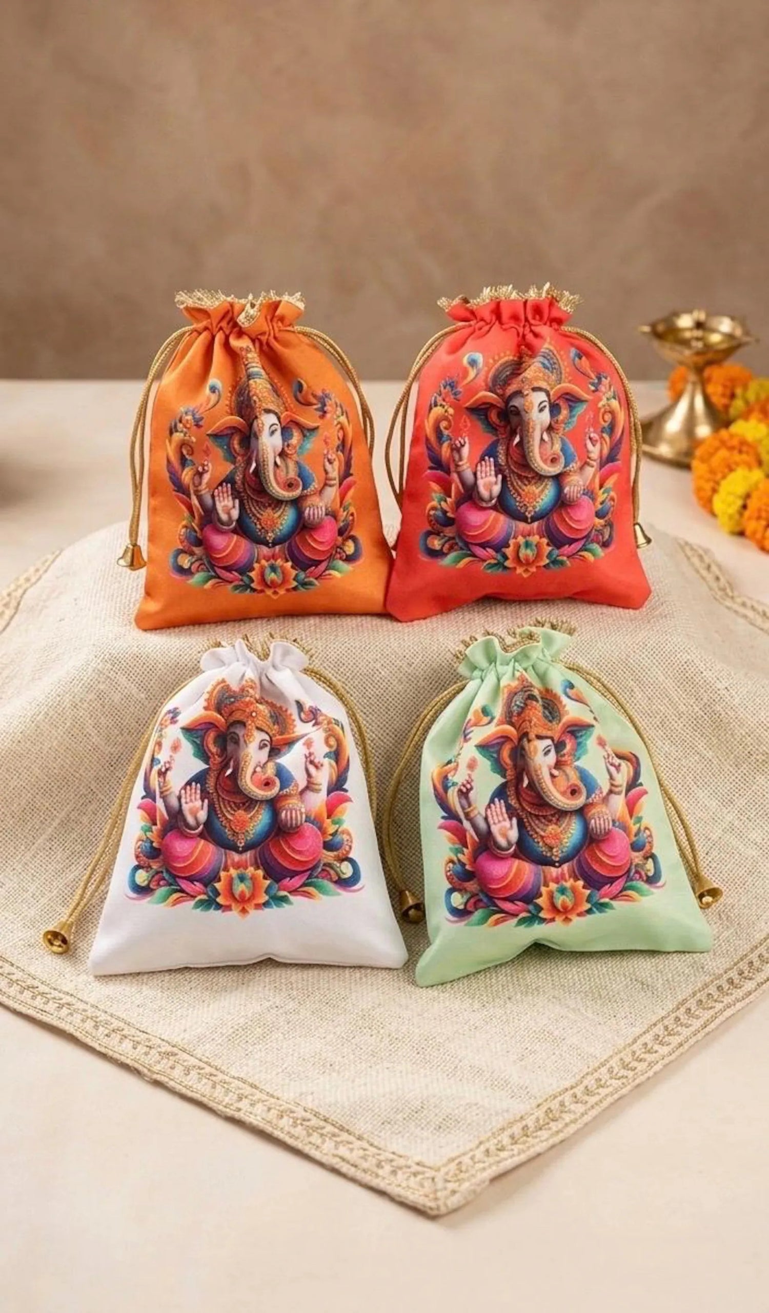 Ganpati Multicolor Potli Bags, Wedding Favors, Puja Gift For Guests