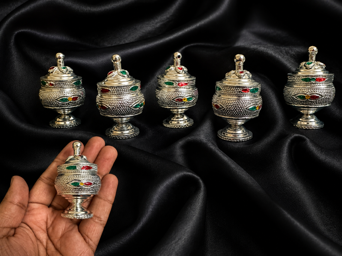 German Silver Handpainted Sindur Dani, KumKum Box, Wedding Favour, Puja Gift, Return Gifts