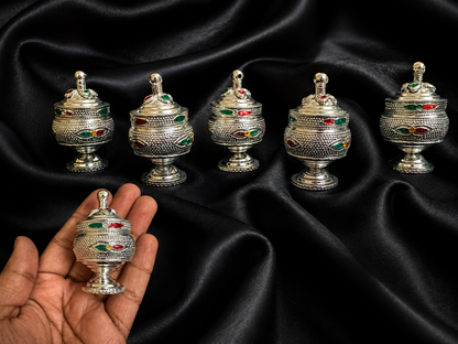 German Silver Handpainted Sindur Dani, KumKum Box, Wedding Favour, Puja Gift, Return Gifts