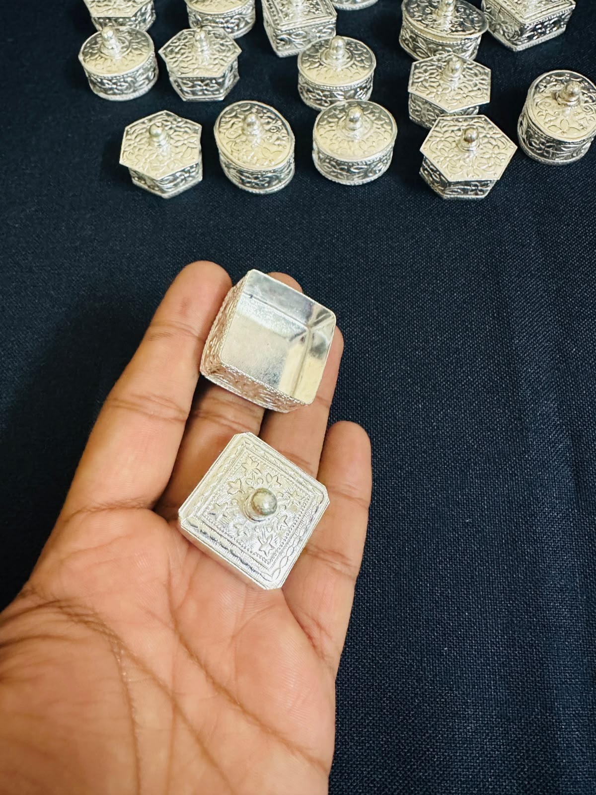 German Silver Mini Sindoor Daani Boxes, Wedding Mehndi Favours, Puja Gifts (1.5-2 Inch)