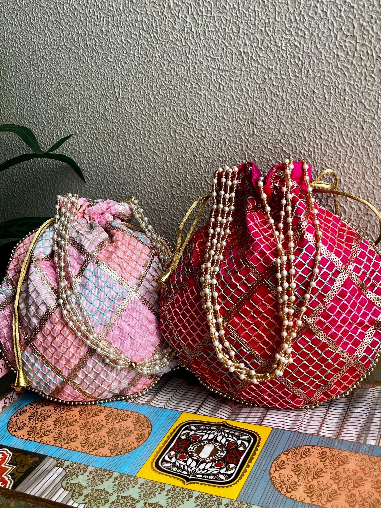 Checks Embroidered Potli Bags Purse Clutch Wedding Mehndi Sangeet Gifts