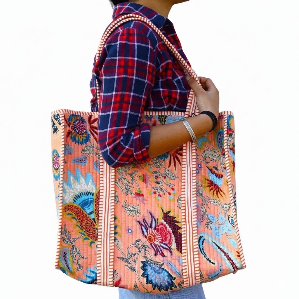 Cotton Quilted Tote Bag Floral Block Print, Boho Beach Bag, Bridesmaid Gifts