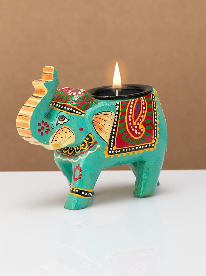 Wooden Hand Painted Elephant T-Light Candle Holder For Gifts