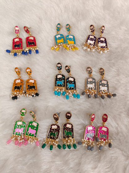 Meenakari Pichwai Earrings For Mehndi Favours, Bridesmaid Hamper Gifts