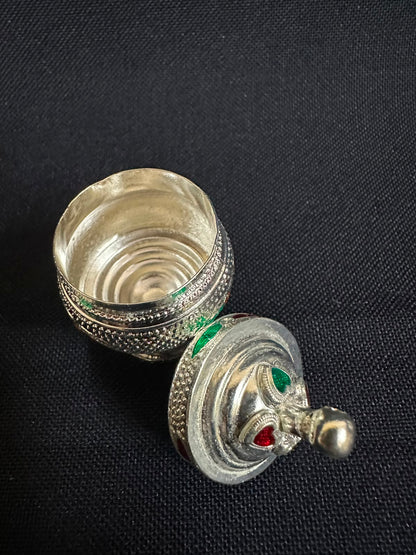 German Silver Handpainted Sindur Dani, KumKum Box, Wedding Favour, Puja Gift, Return Gifts