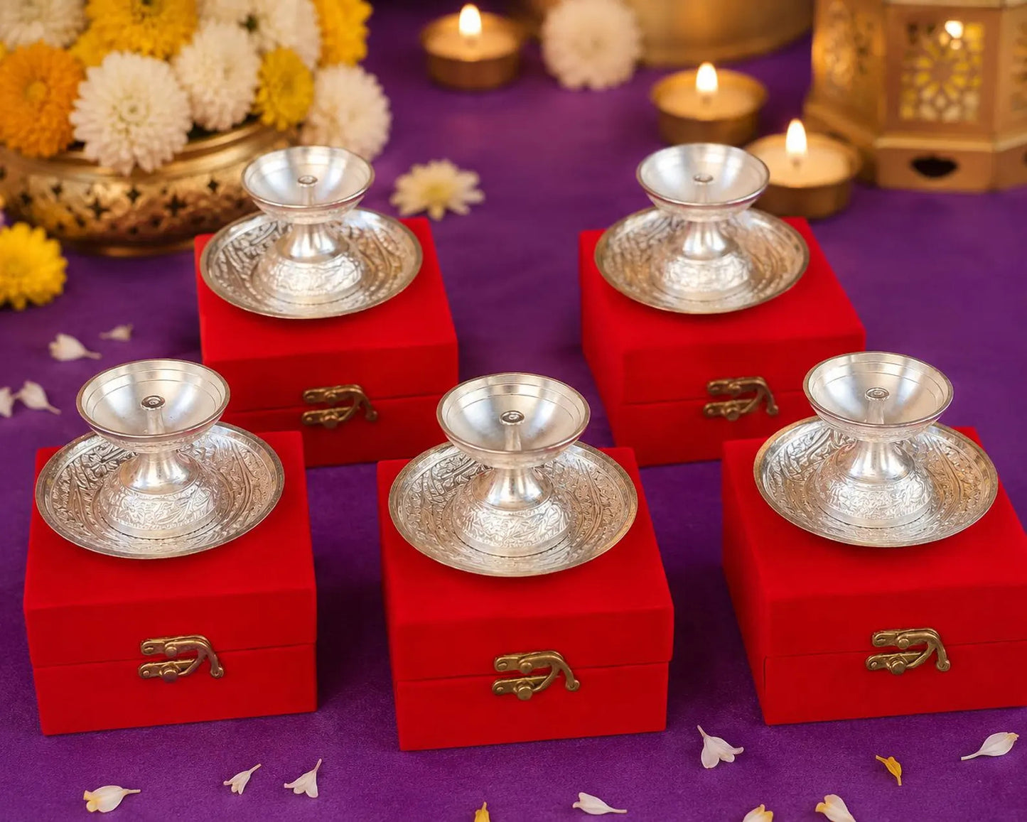 German Silver Diya With Plate For Wedding, Housewarming Return Gifts