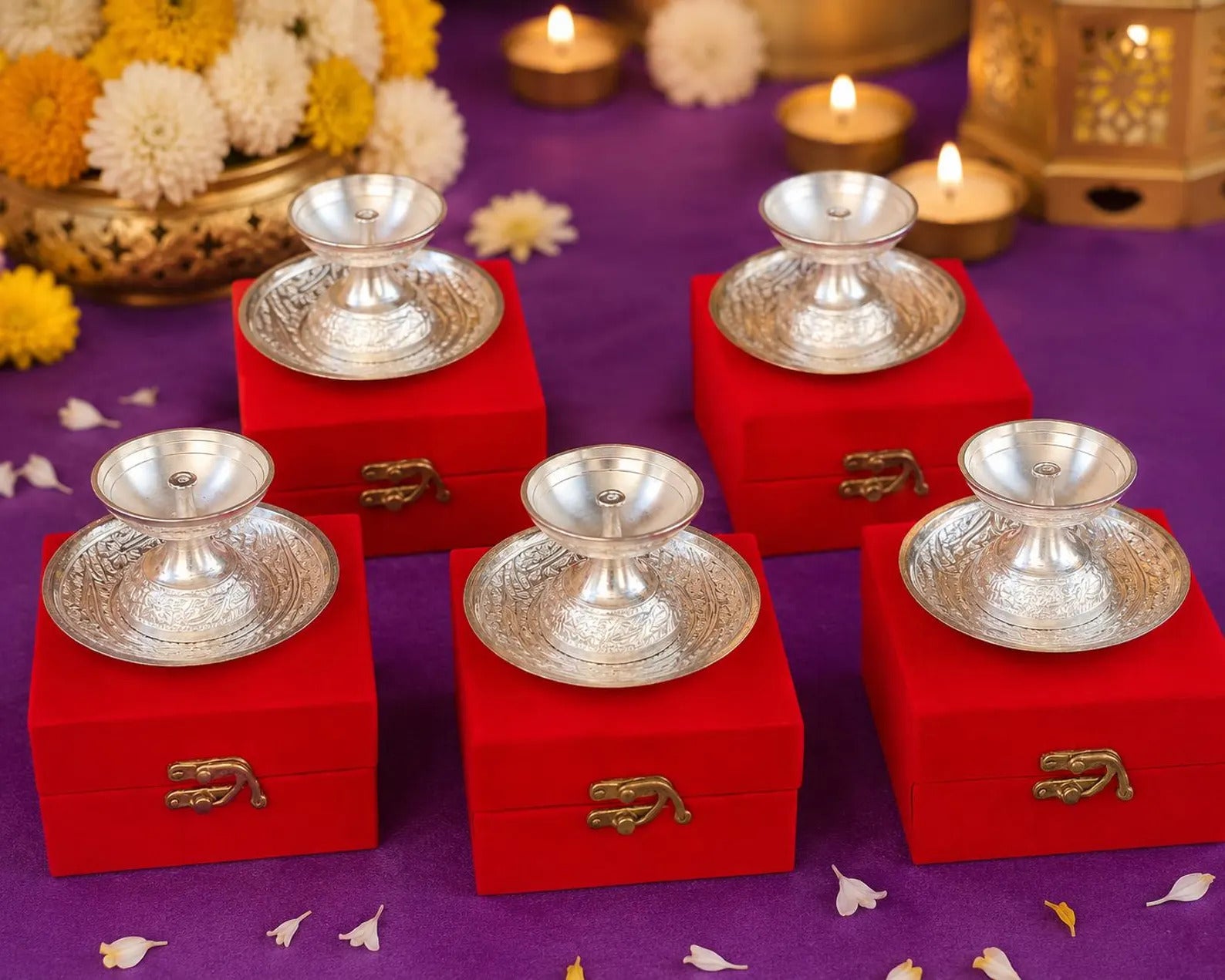 German Silver Diya With Plate For Wedding, Housewarming Return Gifts