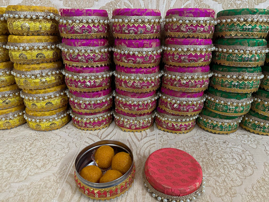 Brocade Steel Ladoo Boxes, Sweet Box, Mithai Box, Wedding Gifts For Guests