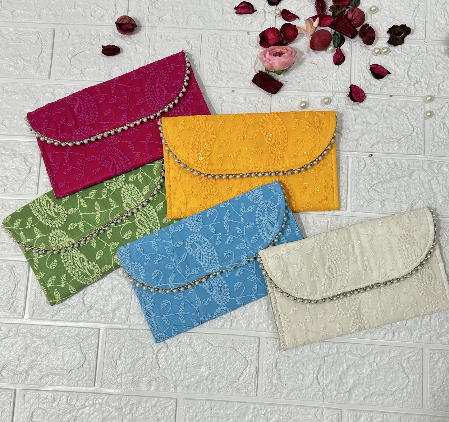 50 Pieces Chikankari Clutch Purse Women's Return Gifts, Mehndi, Sangeet, Dholki Gifts For Guests