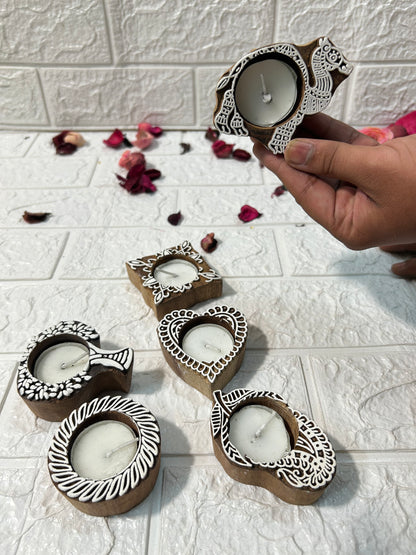 Wooden Handblock Candle Holders Diwali Decor Return Gifts, Housewarming Gifts, Mehndi Favors, Diwali Party Gifts For Guests
