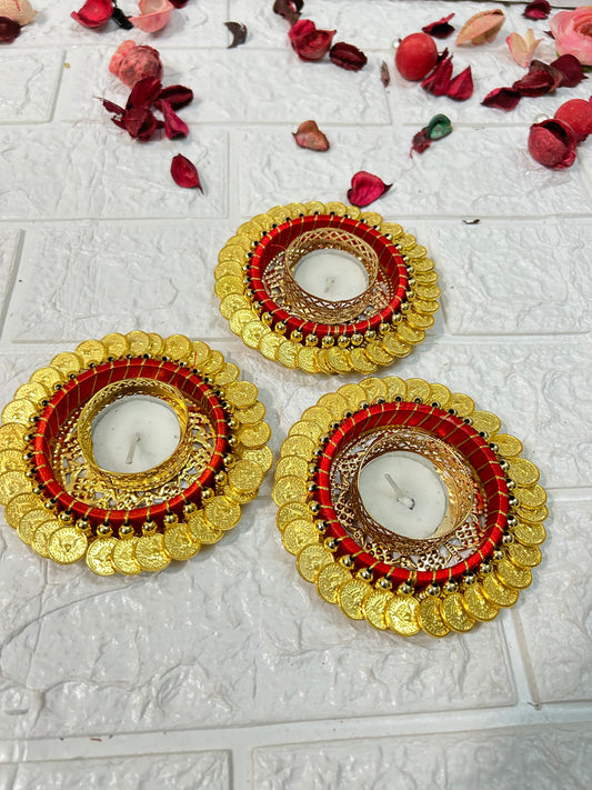 Golden Coin Tea Light Candle Holder, Diwali Decor, Wedding Favors, Puja Gifts, Housewarming Return Gifts For Guests