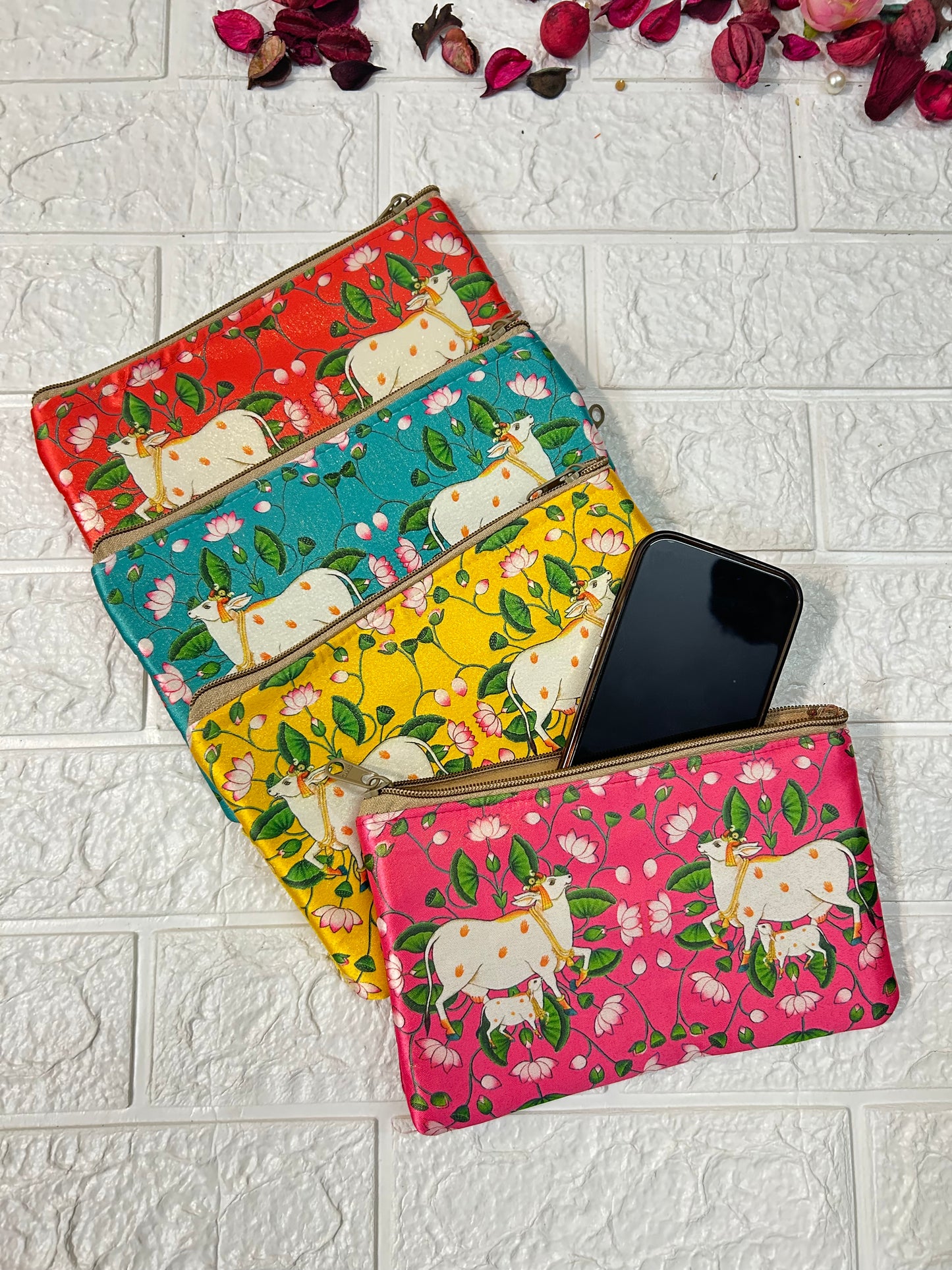 Multicolor Pichwai Pouches, Clutch, Wedding Favors, Puja Gifts, Mehndi Sangeet Gifts For Guests