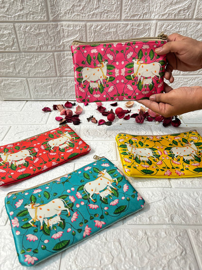 Multicolor Pichwai Pouches, Clutch, Wedding Favors, Puja Gifts, Mehndi Sangeet Gifts For Guests