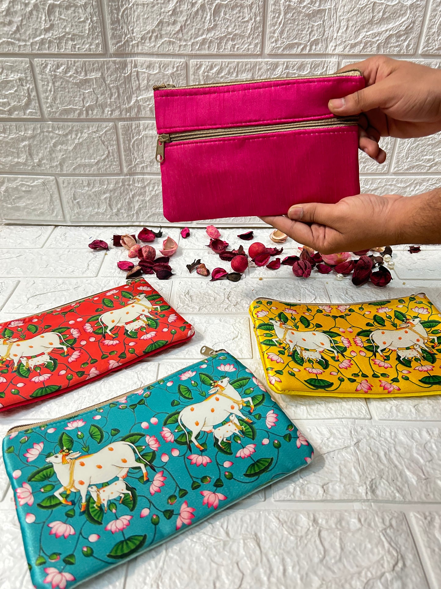 Multicolor Pichwai Pouches, Clutch, Wedding Favors, Puja Gifts, Mehndi Sangeet Gifts For Guests