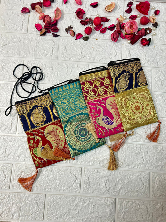 Banarasi Zari Work Mobile Pouch With Sling Puja Gifts, Return Gifts