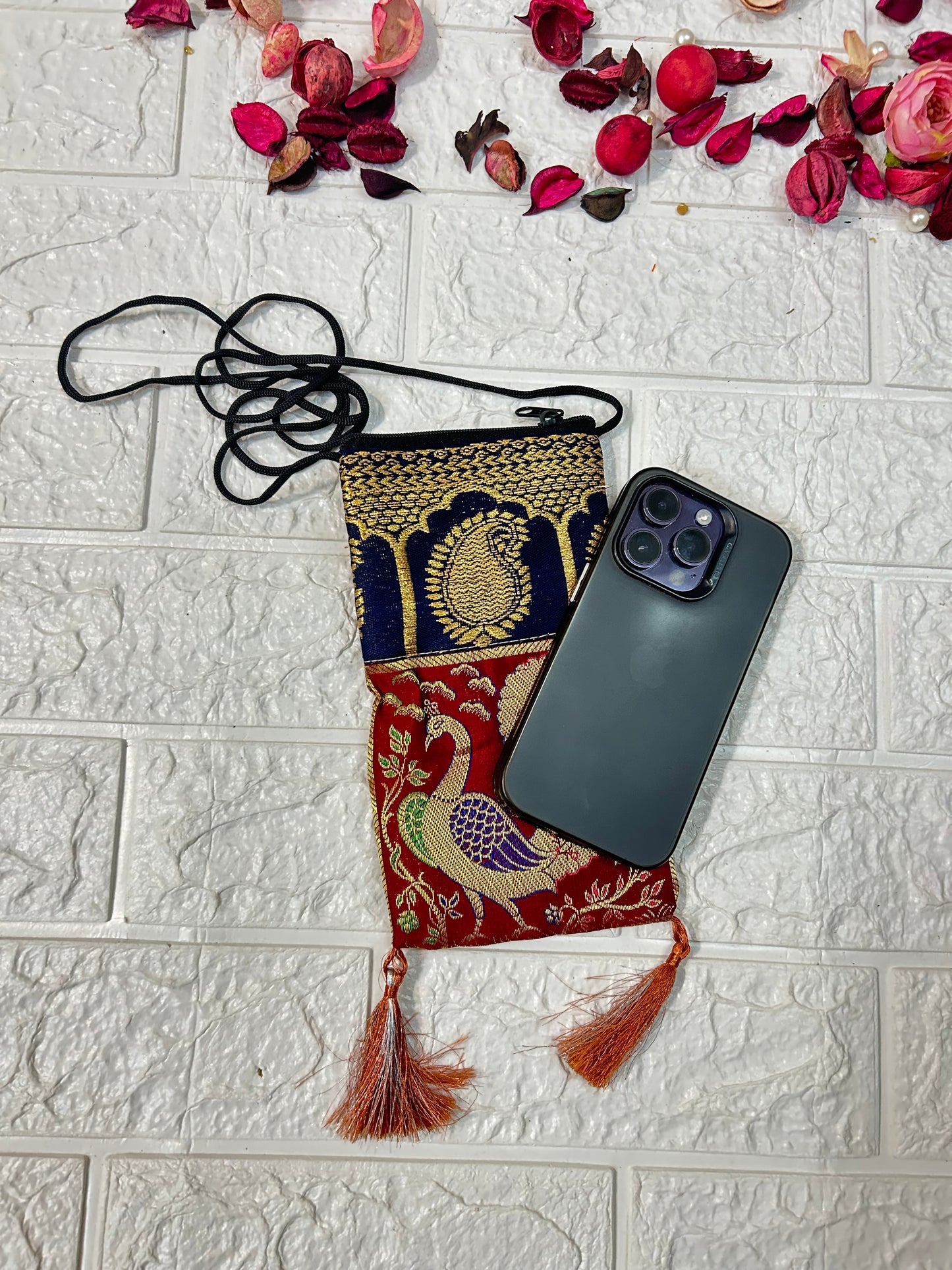 Banarasi Zari Work Mobile Pouch With Sling Puja Gifts, Return Gifts