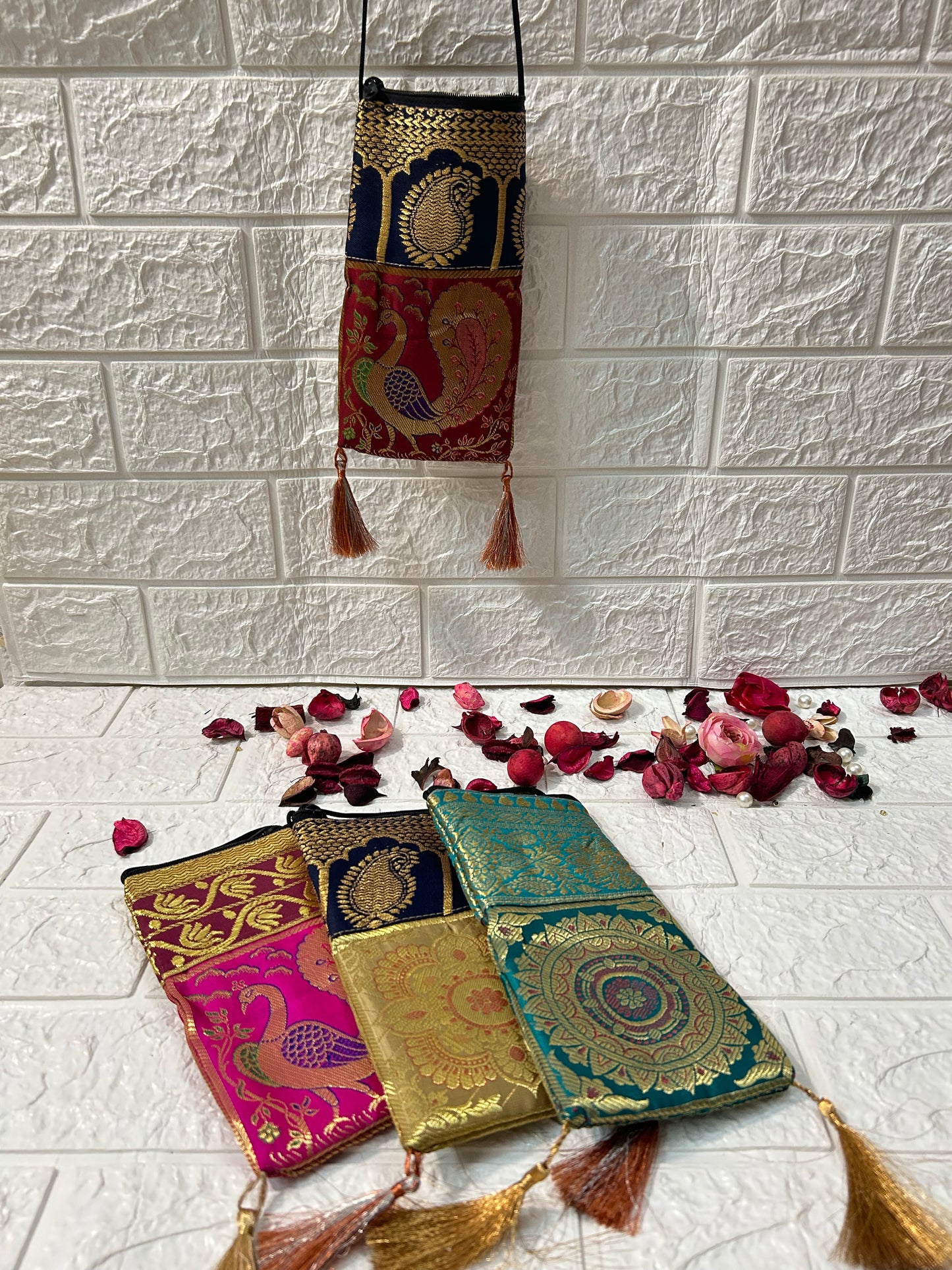 Banarasi Zari Work Mobile Pouch With Sling Puja Gifts, Return Gifts