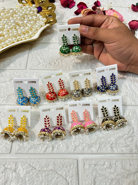 Pack Of 10-100 Pairs Leaf Stone Meenakari Jhumki Earrings Wedding Giveaway, Bridesmaid Gifts, Mehndi Party Gifts For Guests