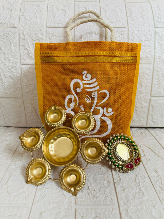 Jute Bag Urli Combo Wedding Favors, Housewarming Gifts, Baby Shower Gifts, Diwali Return Gifts, Puja Favors, Pooja Gifts