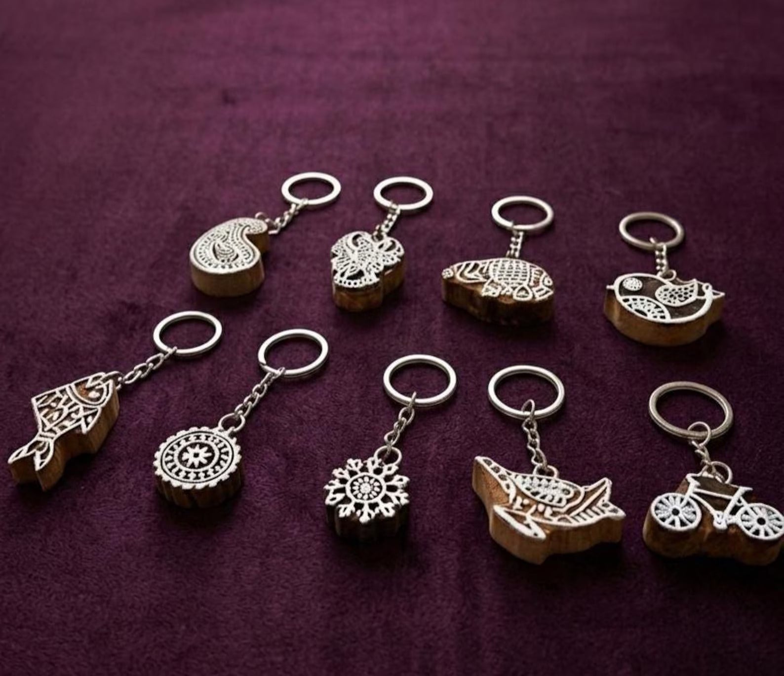  Handmade Wooden Indian Block Print Keychains: Boho Accessories