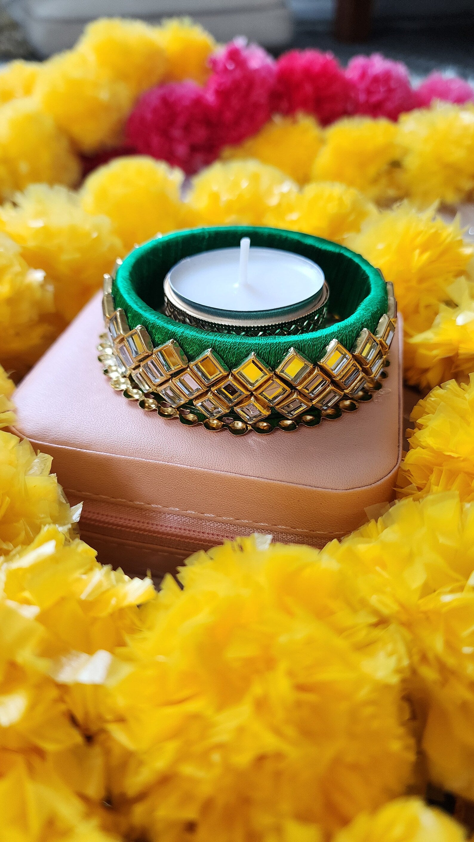 Kundan Work T-Light Candle Holder, Wedding Favors, Diwali, Puja Gifts