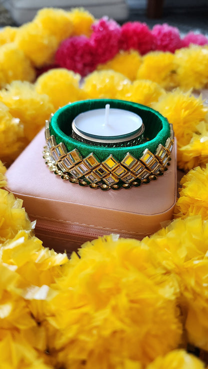 Kundan Work T-Light Candle Holder, Wedding Favors, Diwali, Puja Gifts