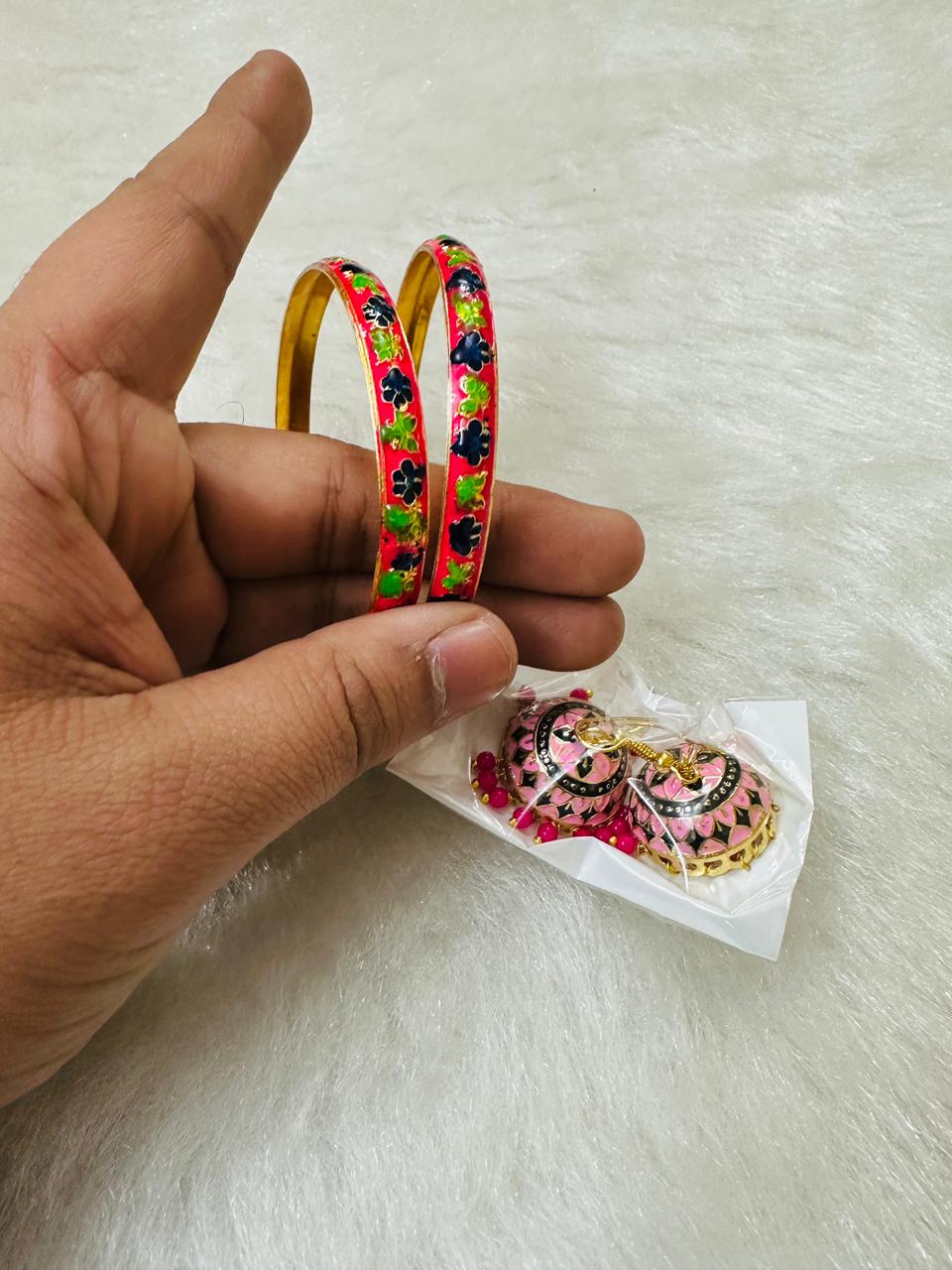 Hand-painted Meenakari bangles and earrings combo, perfect for mehndi, sangeet, haldi, dholki & nikkah functions. Elegant bridesmaid and wedding return gifts.