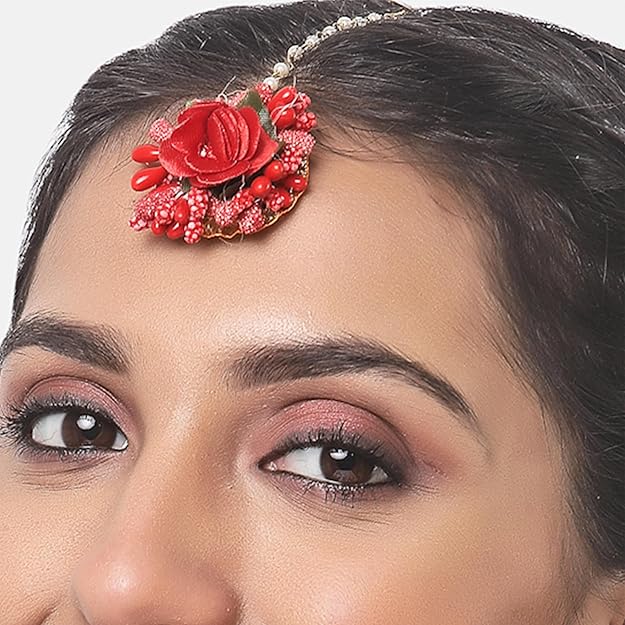 Red Floral Maang Tikka For Mehendi Haldi Women's Gifts