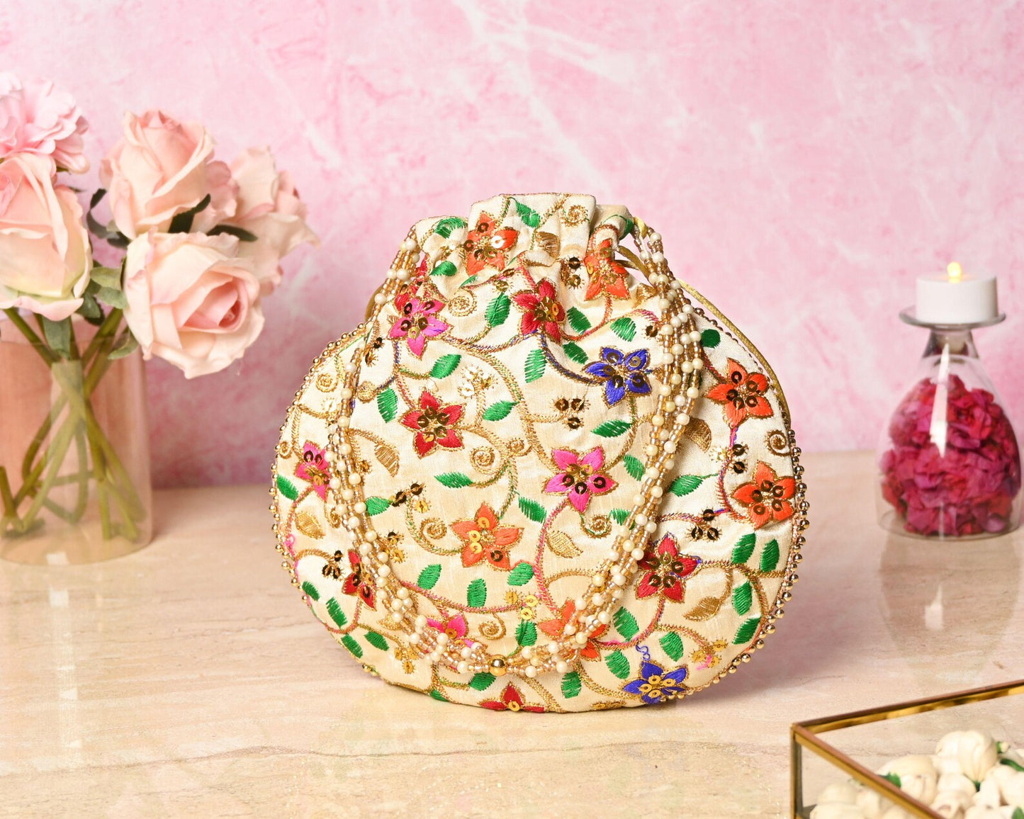 Beige Multicolor Embroidered Potli Bags For Gifts