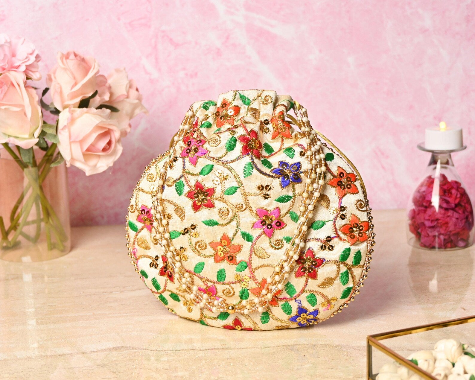 Beige Multicolor Embroidered Potli Bags For Gifts