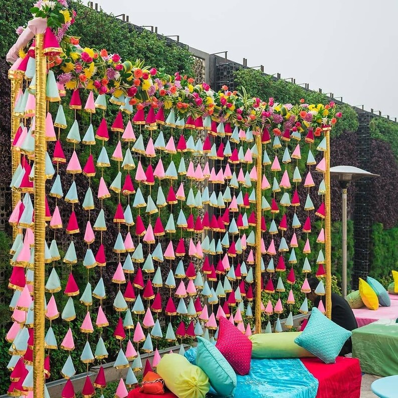 Strings of Net Fabric Colorful Tassel with Gota Flower Indian Decoration Garden Backdrops Housewarming Flower Strings Party Decoration