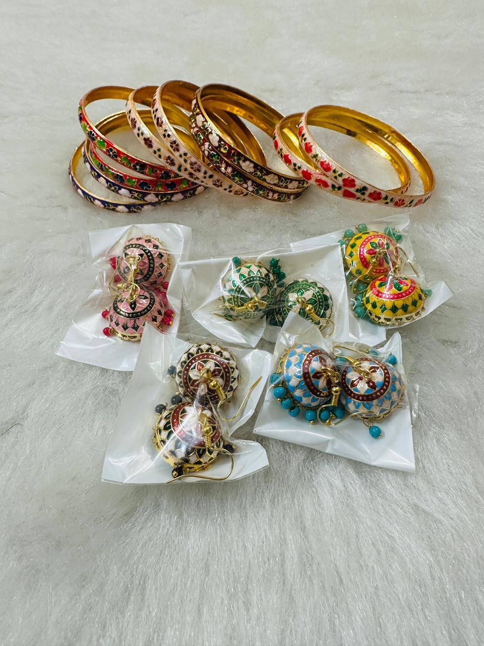 Hand-painted Meenakari bangles and earrings combo, perfect for mehndi, sangeet, haldi, dholki & nikkah functions. Elegant bridesmaid and wedding return gifts.