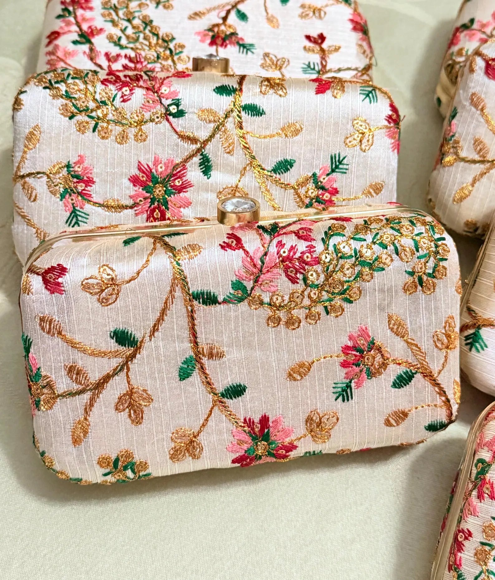 Elegant beige clutch Ideal for wedding favors, bridesmaid gifts & women’s return gifts.