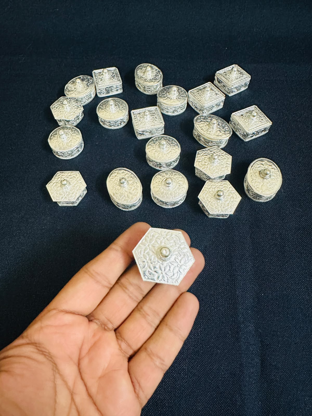German Silver Mini Sindoor Daani Boxes, Wedding Mehndi Favours, Puja Gifts (1.5-2 Inch)