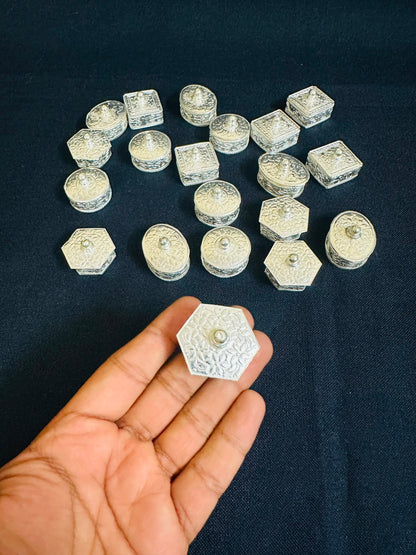 German Silver Mini Sindoor Daani Boxes, Wedding Mehndi Favours, Puja Gifts (1.5-2 Inch)
