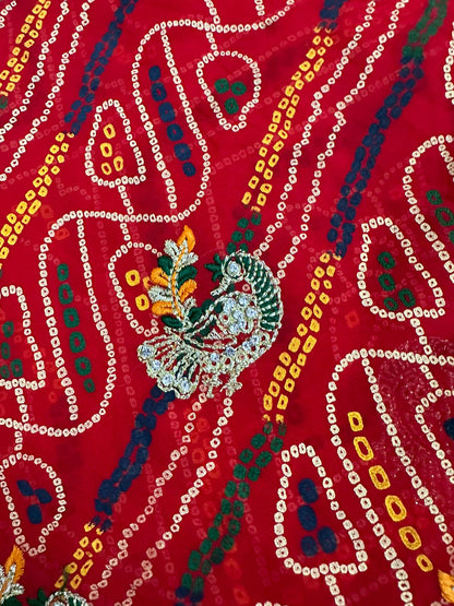 Peacock Embroidered Bandhani Saree