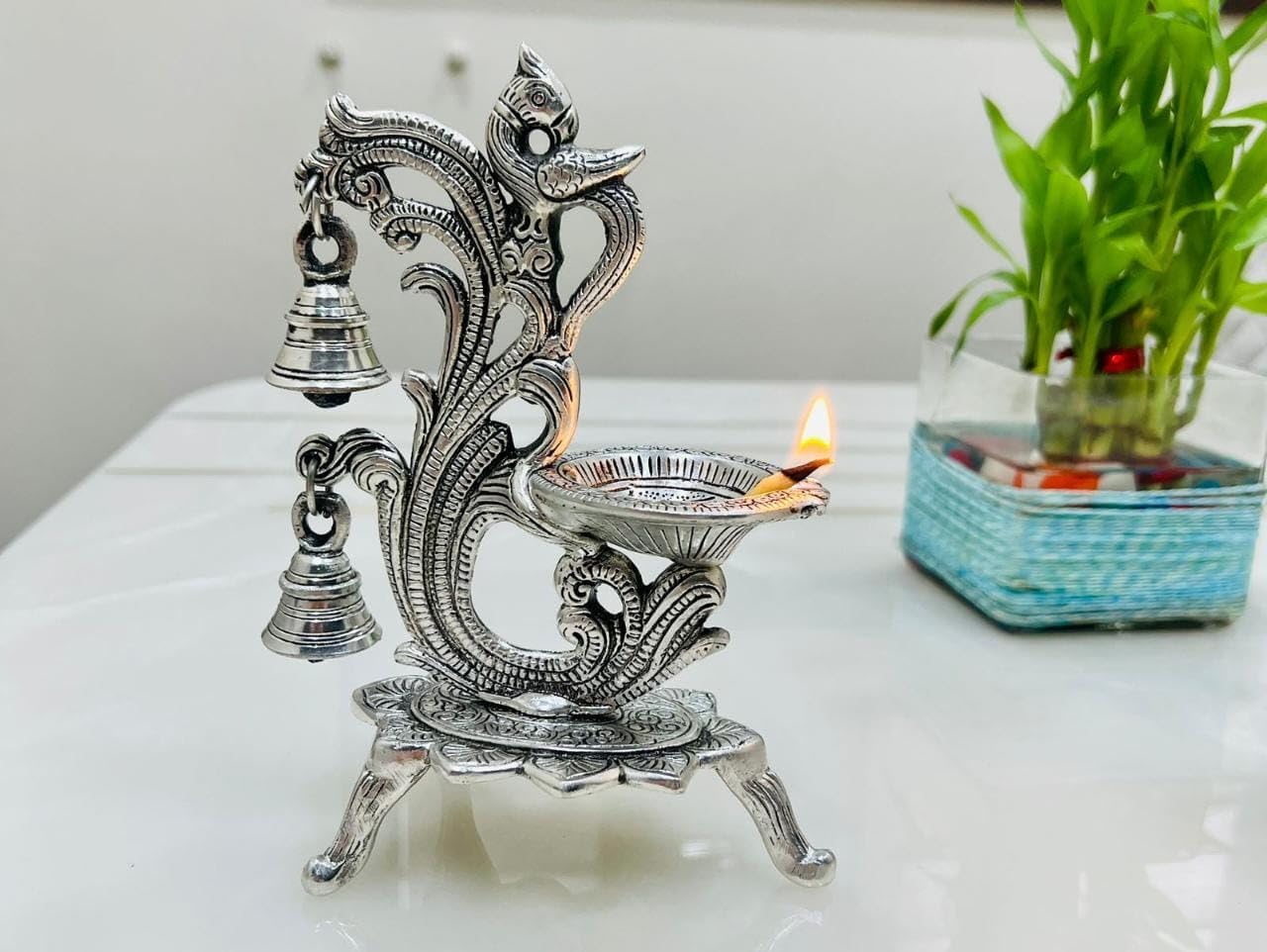 Peacock Silver Metal Diya For Puja Gifts, Return Favors