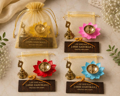 Hanuman Chalisa Gift Set with Lotus Diya and Mini Bell, Traditional Wedding Return Gift, Diwali Favor, Pooja Accessory Set