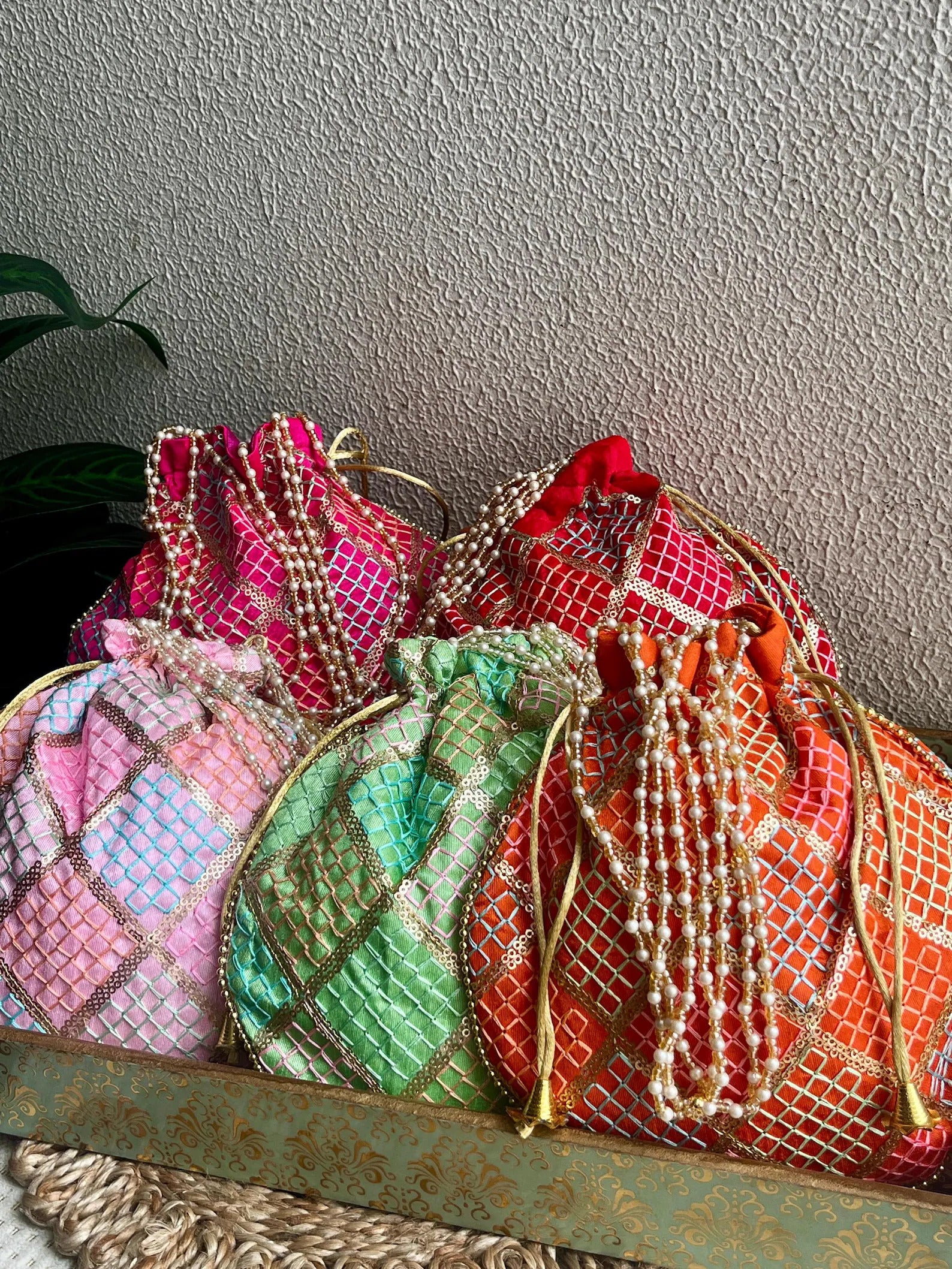 Checks Embroidered Potli Bags Purse Clutch Wedding Mehndi Sangeet Gifts