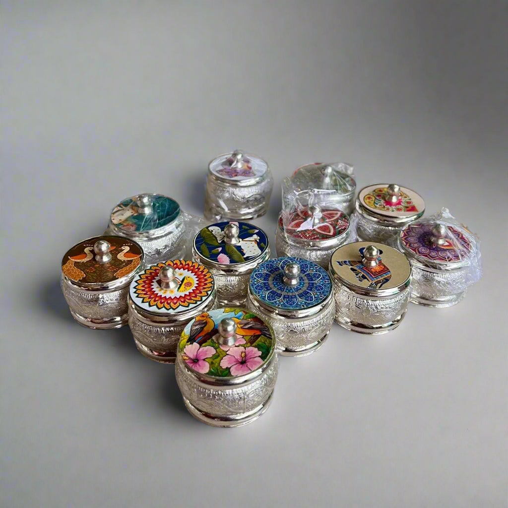 German Silver Mix Designs Dibbi, Roli Kumkum Box, Puja Gifts
