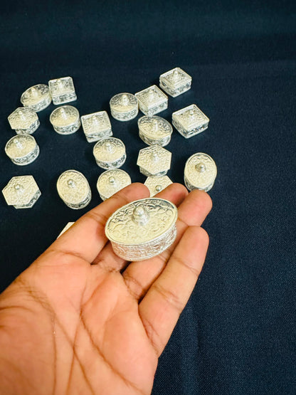 German Silver Mini Sindoor Daani Boxes, Wedding Mehndi Favours, Puja Gifts (1.5-2 Inch)