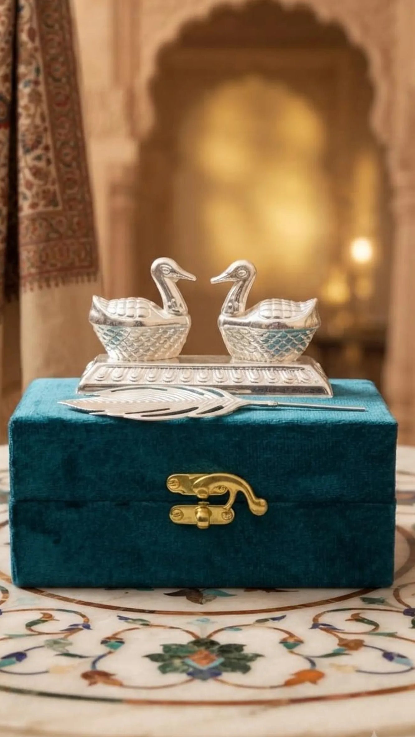 German Silver Swan & Feather Haldi Kum Kum  Set For Return Favors