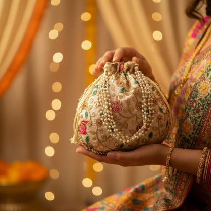 Beige Multicolor Embroidered Potli Bags For Gifts