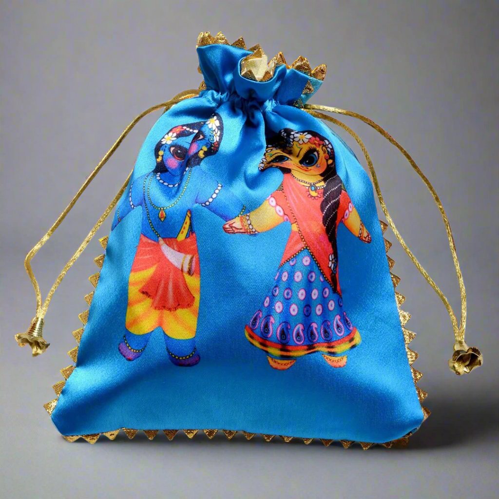  Radhe Krishna Printed Potli Bags. Perfect for sweet bags, prasad bags, pooja favors, housewarming return gifts.