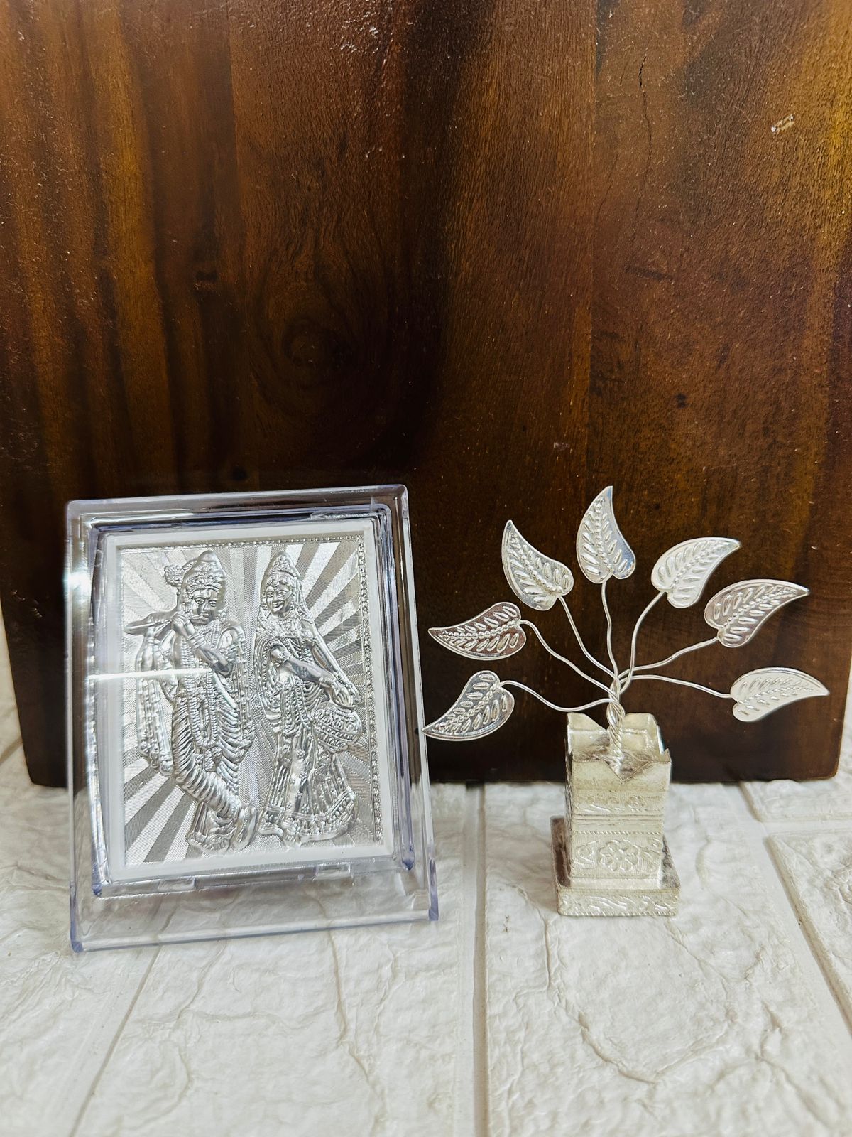 German Silver Radha Krishna Photo Frame & Tulsi Plant Combo For Return Gifts