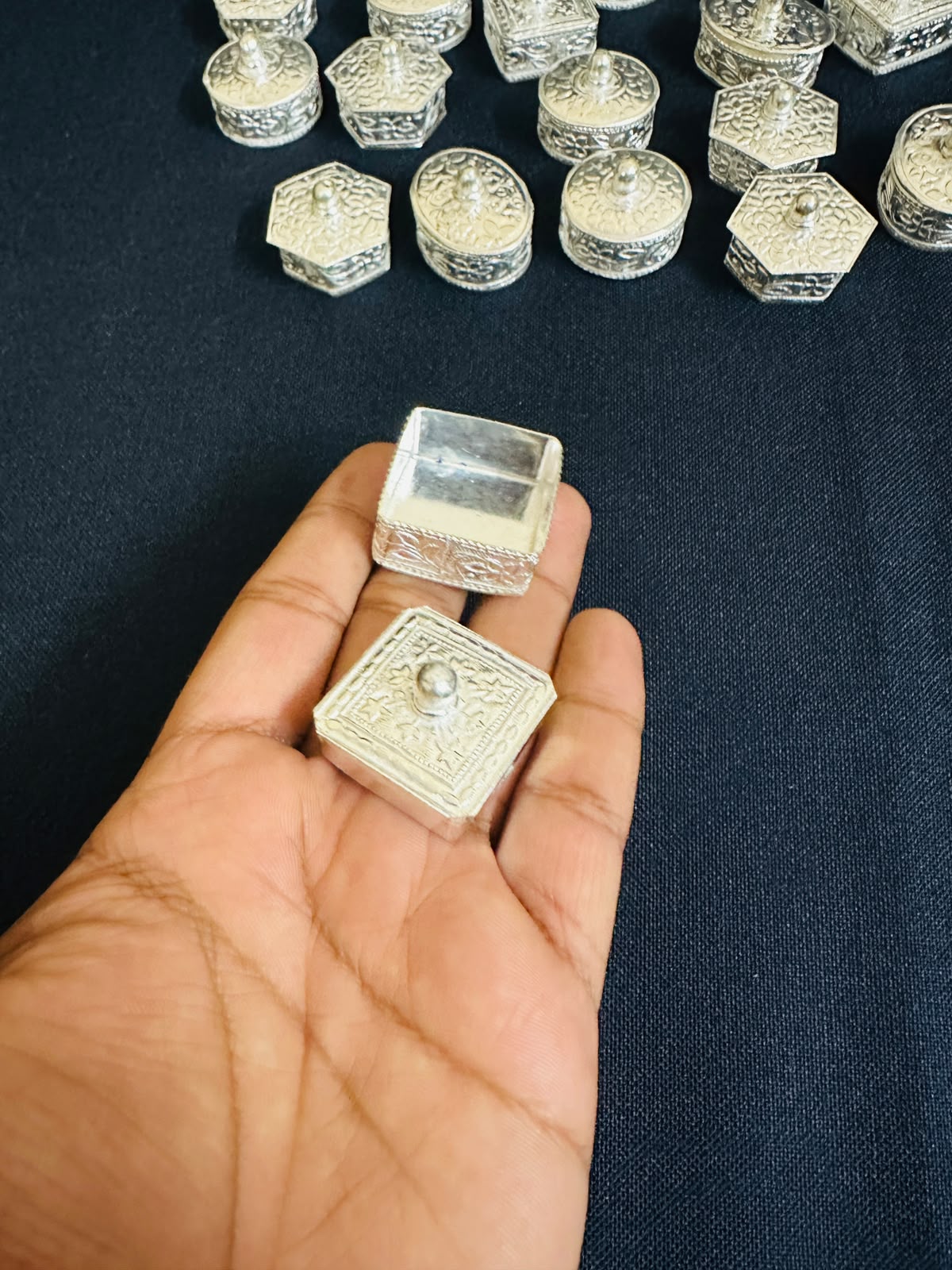 German Silver Mini Sindoor Daani Boxes, Wedding Mehndi Favours, Puja Gifts (1.5-2 Inch)